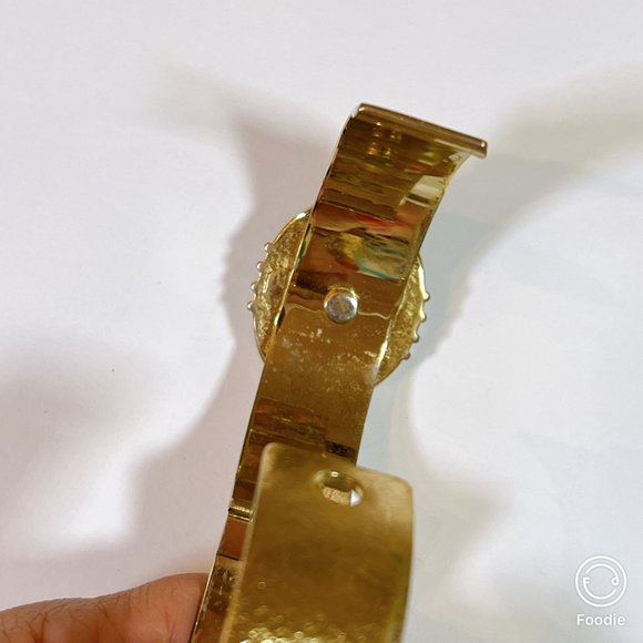 Estate Brass Cuff Hinged Bangle with Big Bold Green Goldstone — Excellent Used - Picture 6 of 13